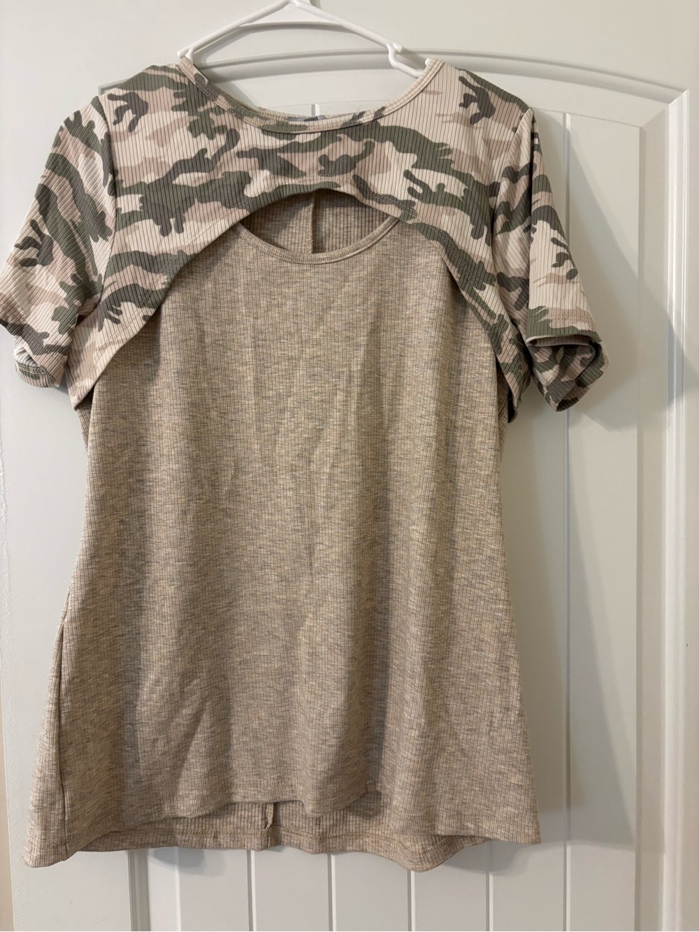 white birch Tan Ribbed Short Sleeve Top with Camouflage Yoke
